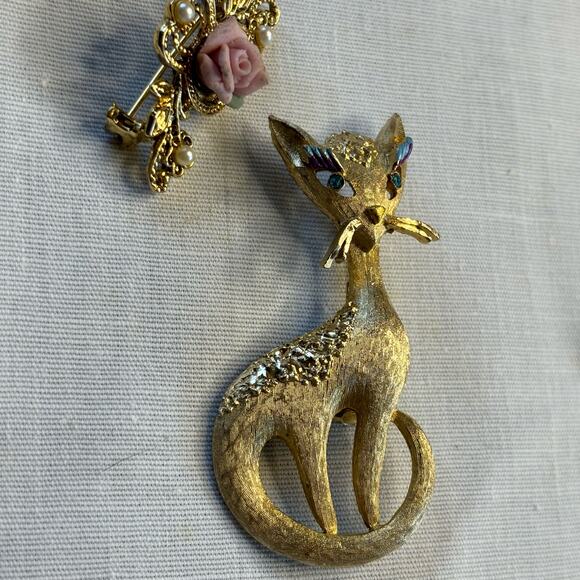 Vintage Mamselle Mid Century Modern Siamese Cat & Rose Brooches Pins - Picture 8 of 8